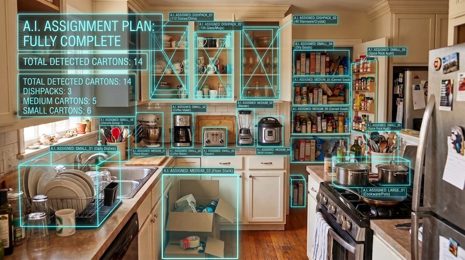 The same kitchen analyzed by the AI moving survey: dishes, small appliances and pantry contents detected and assigned to dishpacks and cartons