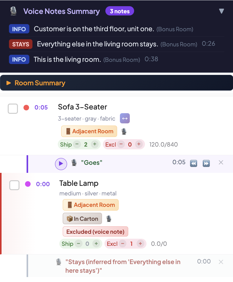 Dashboard showing Voice Notes Summary with STAYS and INFO badges, Room Summary with items marked Goes and Excluded via voice note