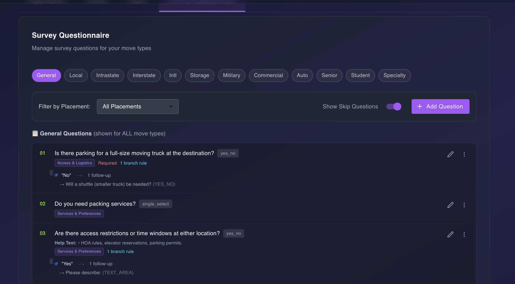 Survey Questionnaire admin view — twelve move-type tabs (General, Local, Intrastate, Interstate, Intl, Storage, Military, Commercial, Auto, Senior, Student, Specialty), a Placement filter, an Add Question button, and three example general questions with branching follow-ups.