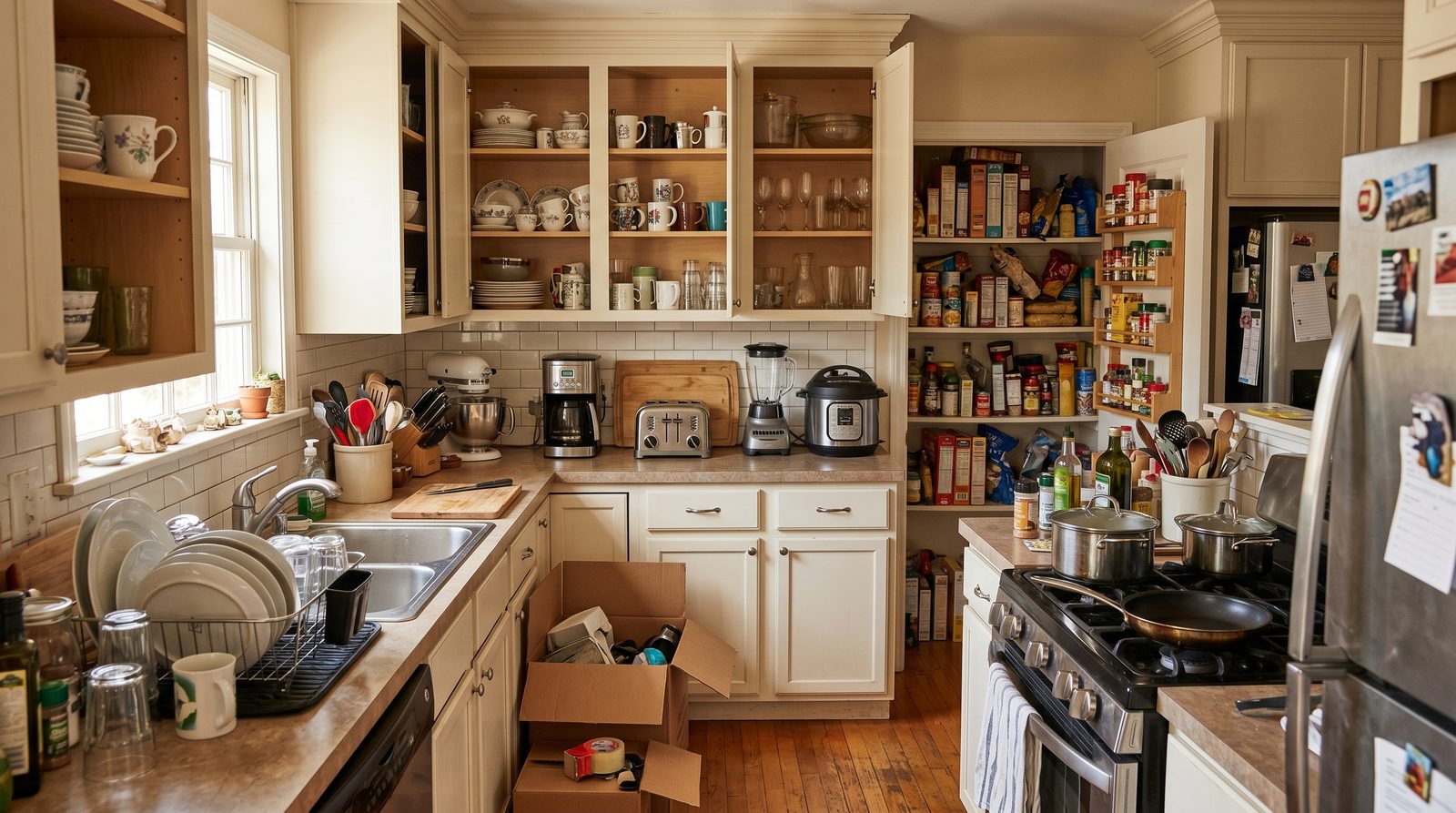 A lived-in kitchen with cluttered countertops: small appliances, stacked dinnerware, pots and packing-heavy contents, all easy to undercount by eye