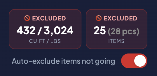 Auto-Exclude toggle enabled with excluded stats showing 432/3,024 cuft/lbs and 25 items excluded