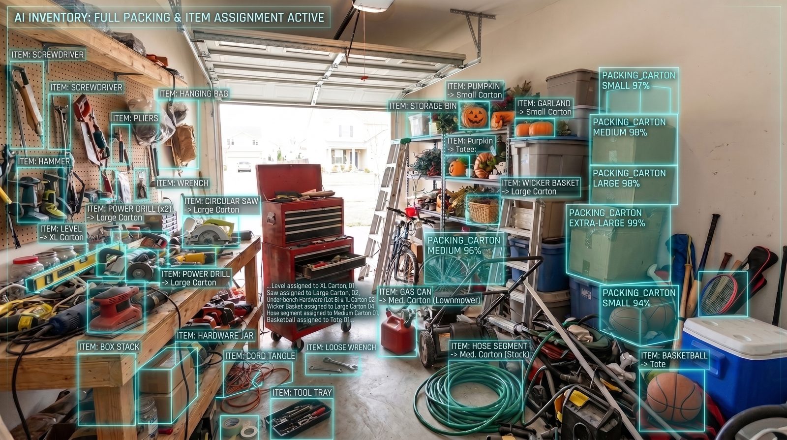 The same garage analyzed by the AI virtual moving survey: every tool, bin, ladder and bicycle detected and assigned to a moving carton