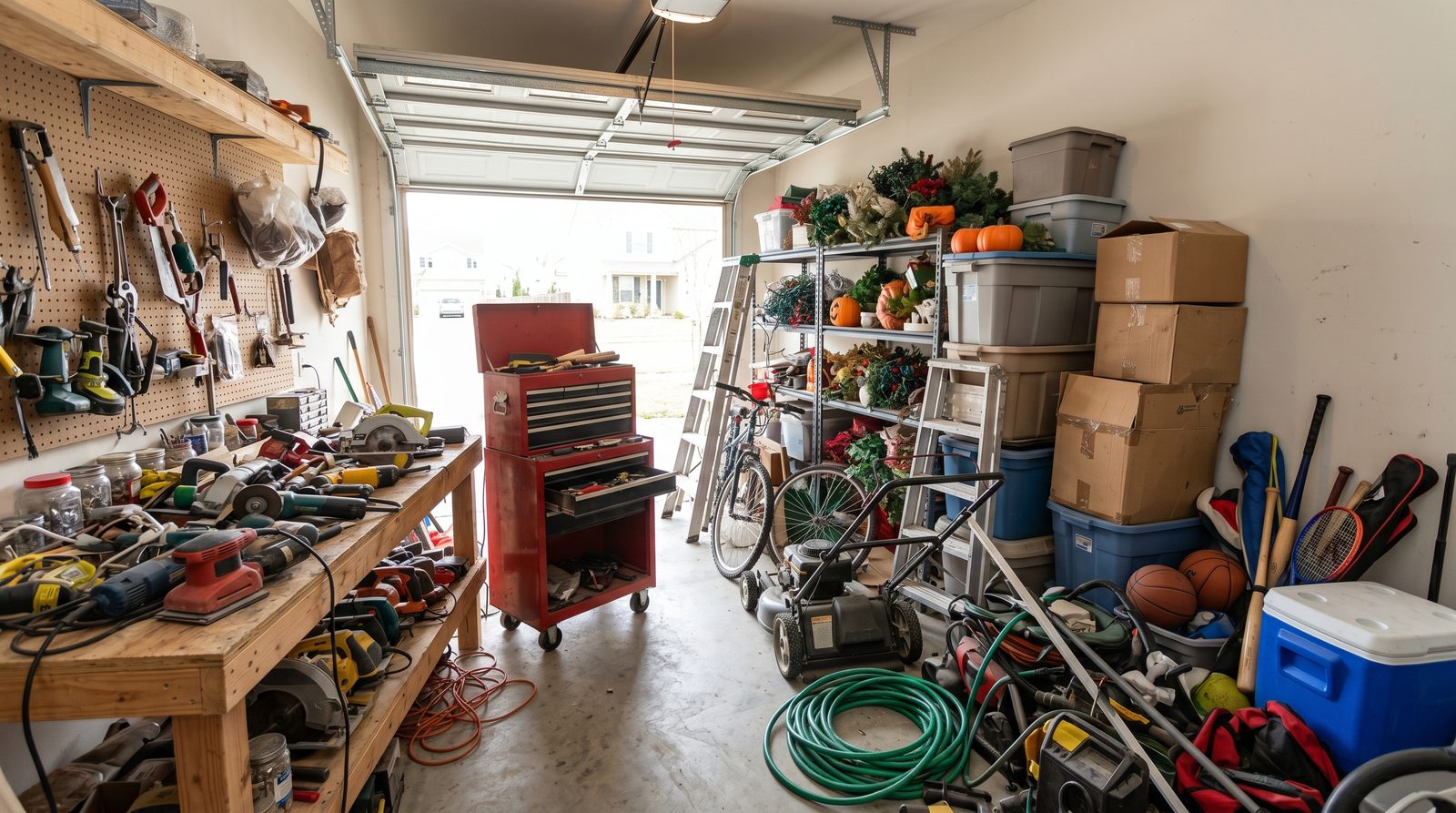 A cluttered residential garage packed with power tools, a workbench, storage totes, boxes, ladders and a bicycle — the kind of high-clutter room a pre-move survey undercounts