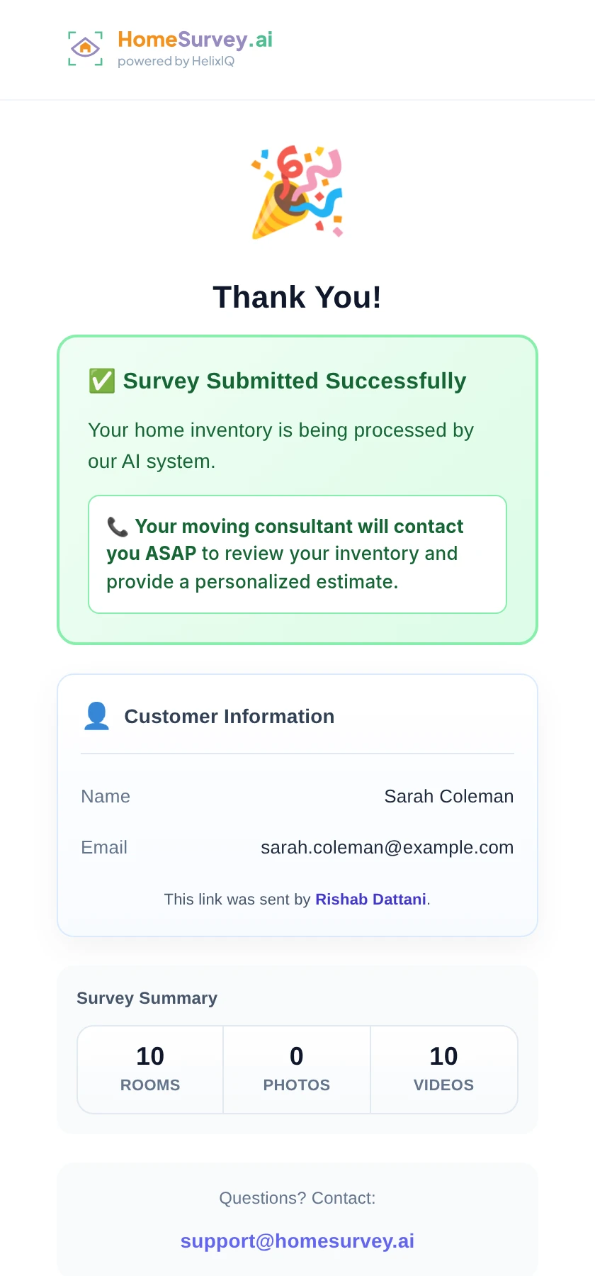 The Thank You screen a customer sees when reopening a submitted survey link: submission confirmation, their details, and a summary of rooms, photos, and videos