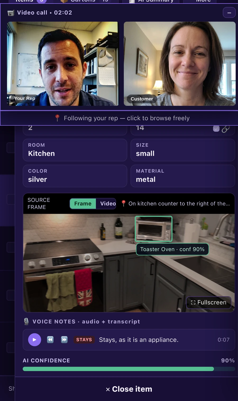 The customer's phone during a Review Together session: the video call up top, the item being discussed below, and a banner reading Following your rep — click to browse freely