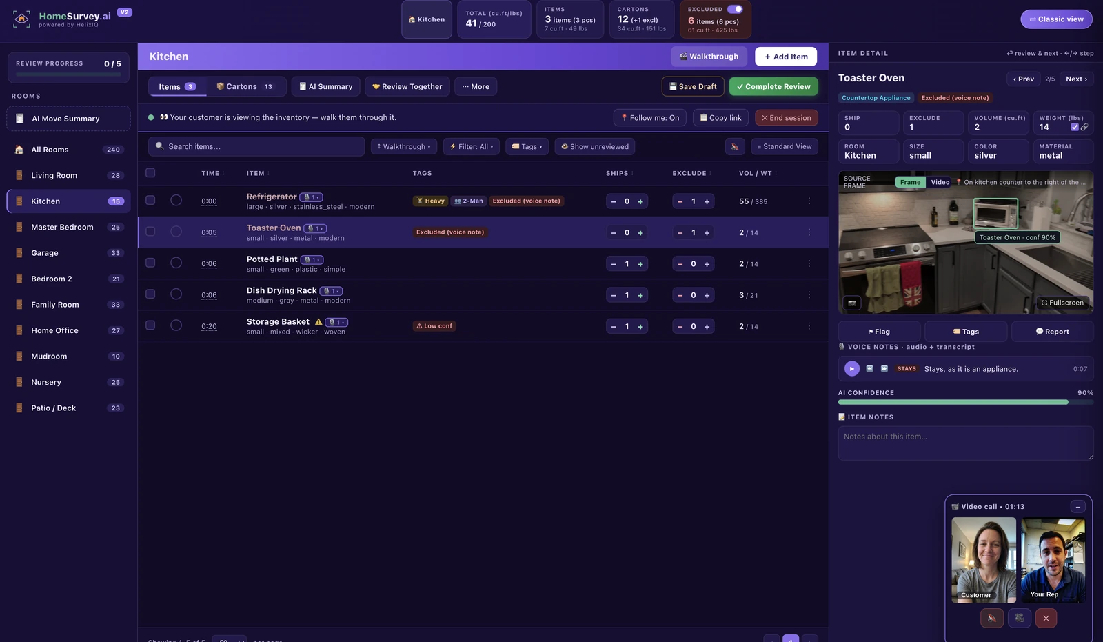Dashboard V2 with the item detail panel open: source frame with the detected item outlined, the customer's voice note transcript, AI confidence, and excluded items struck through in the list