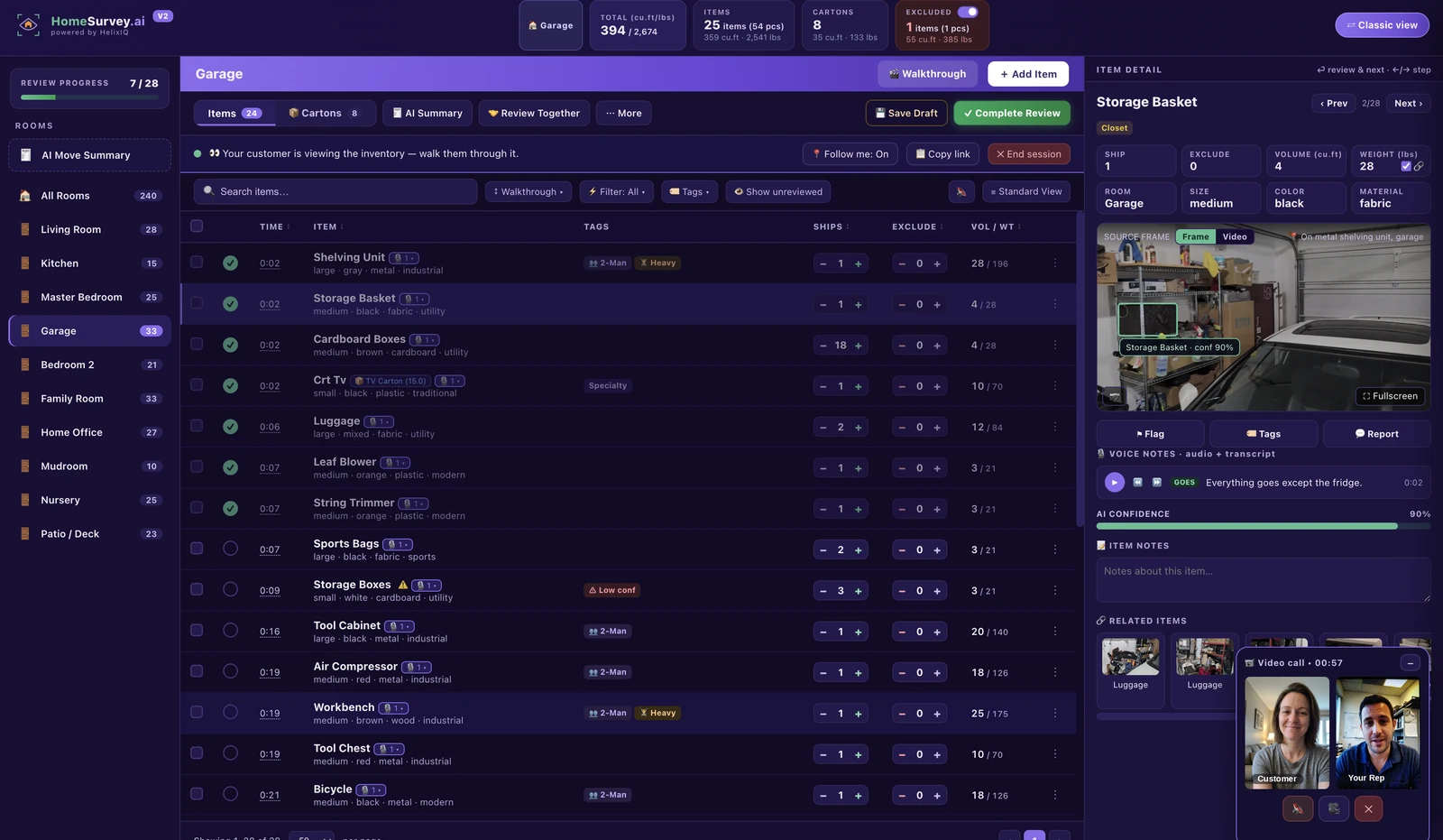 A live Review Together session in Dashboard V2: rep and customer video tiles over the survey, follow-me on, working through the garage with an item open